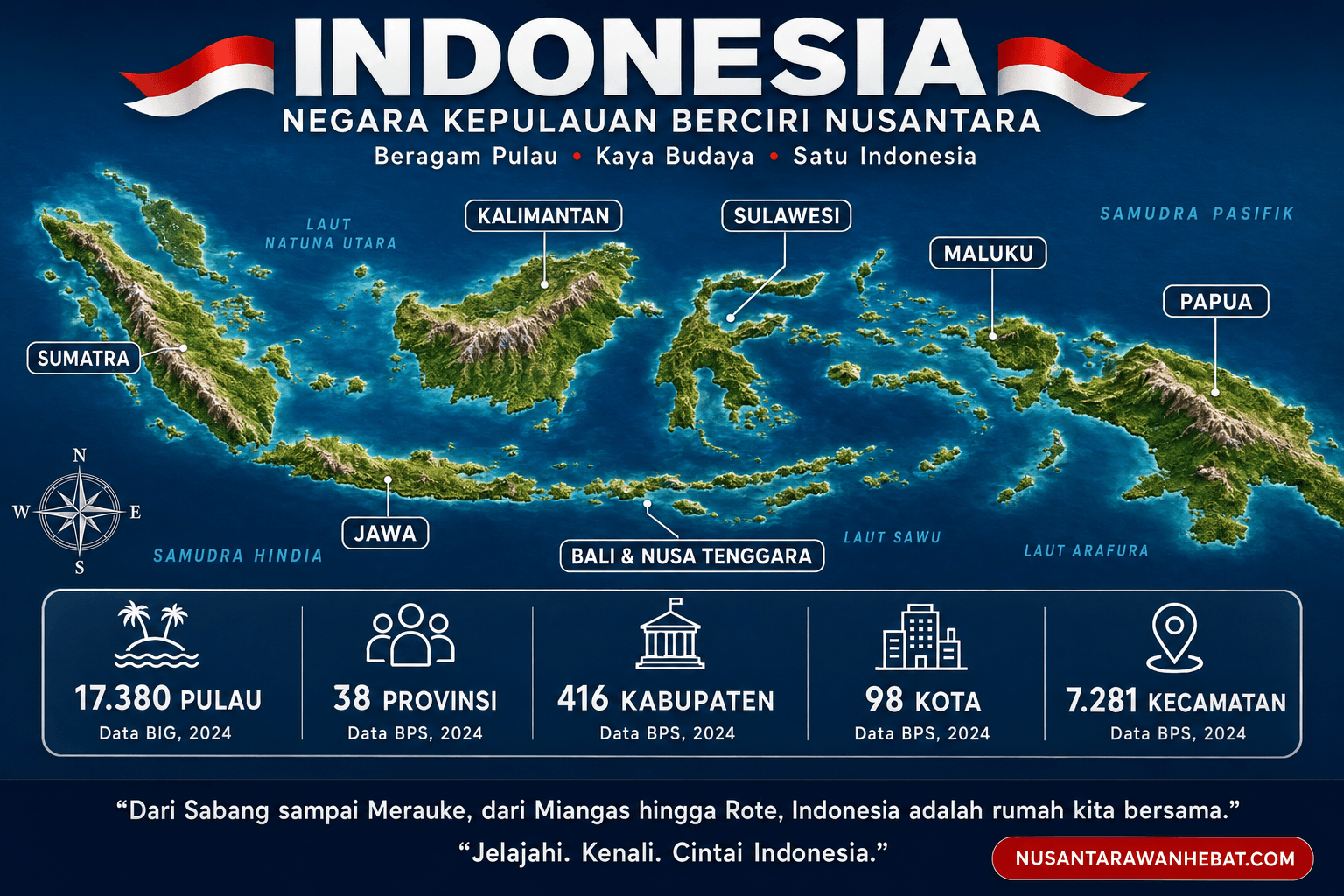 Infografis peta relief Indonesia dengan label Sumatra, Jawa, Kalimantan, Sulawesi, Maluku, Papua, dan statistik wilayah nasional.